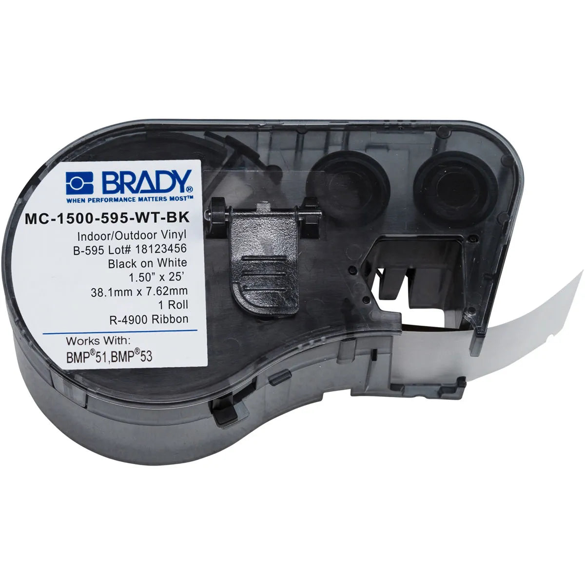 Etiqueta continua de vinilo 1 1/2″ 1.5W in x 20L ft Negro en Transparente