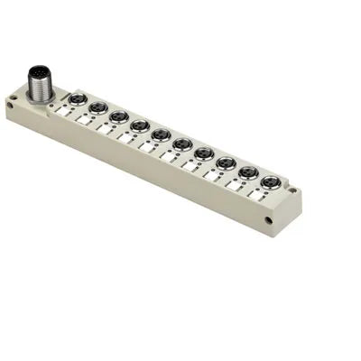 SAI-10-S12 3P M8 L Distribuidor pasivo LED con 10 sockets M8 3P Salida M12 IP68