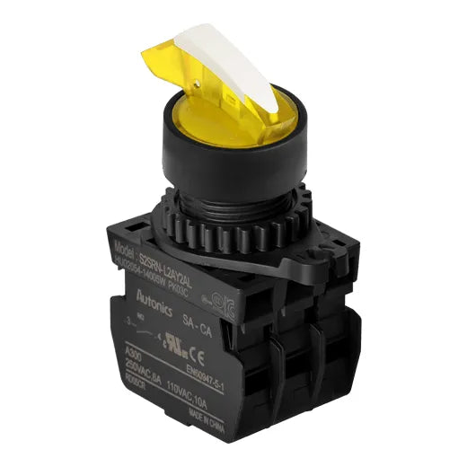 S2SRN-L6Y2AD Selector iluminado 3 posiciones 22mm momentáneo amarillo 12-24VUC 2