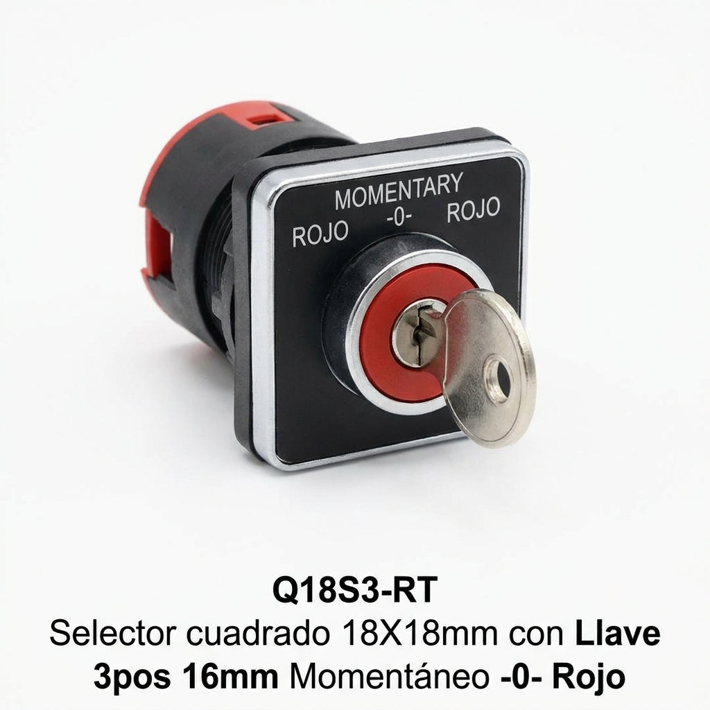 Q18S3-RT Selector cuadrado 18X18mm con Llave 3pos 16mm Momentáneo -0- Rojo