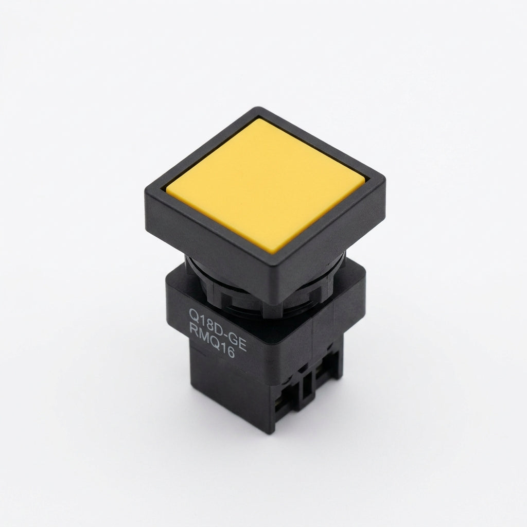 Q18D-GE RMQ16 Botón cuadrado 18x18mm Plano B/negro 16mm Momentáneo Amarillo