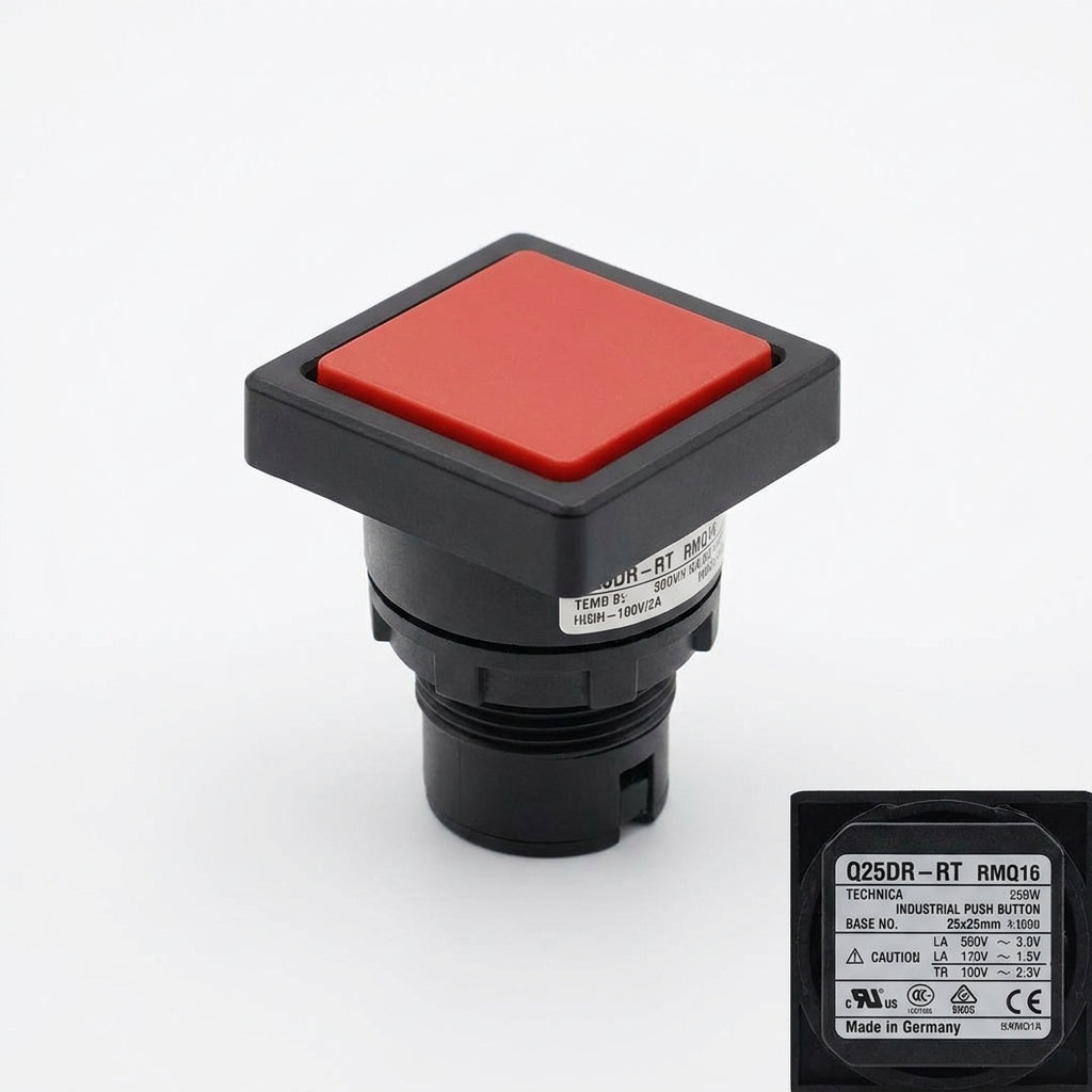 Q25DR-RT RMQ16 Botón cuadrado 25X25mm Plano B/negro 16mm Mantenido Rojo
