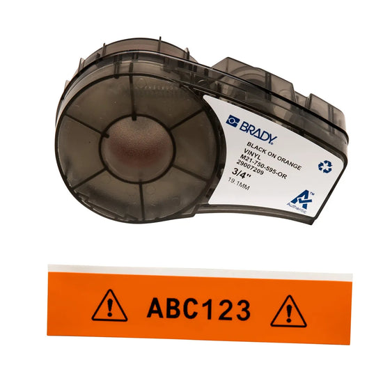 Etiqueta continua de vinilo 3/4″ 0.75W in x 21L ft Negro en Naranja