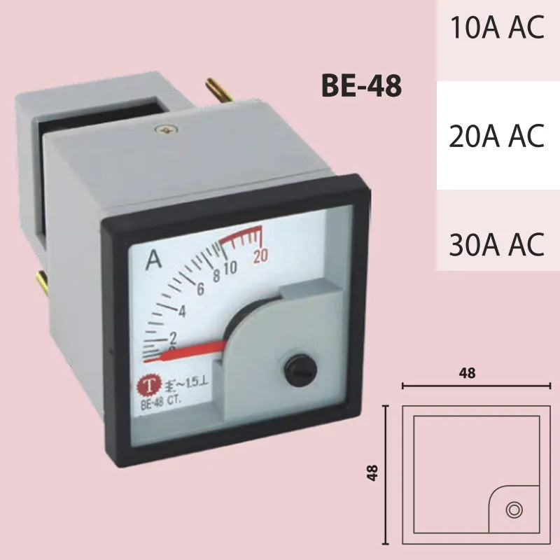 BE-48 Amperímetro analógico conexión directa 10A AC 48x48mm montaje panel