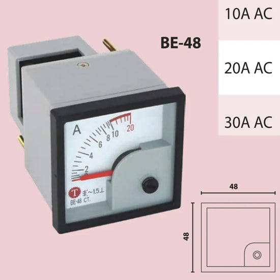 BE-48 Amperímetro analógico conexión directa 10A AC 48x48mm montaje panel