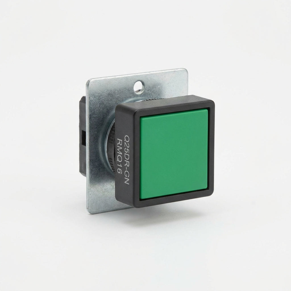 Q25DR-GN RMQ16 Botón cuadrado 25X25mm Plano B/negro 16mm Mantenido Verde