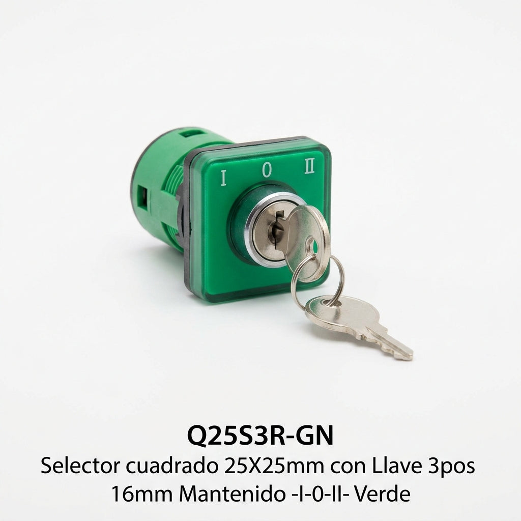 Q25S3R-GN Selector cuadrado 25X25mm con Llave 3pos 16mm Mantenido -I-0-II- Verde
