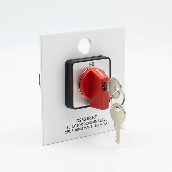 Q25S1R-RT Selector cuadrado 25X25mm con Llave 2pos 16mm Mantenido -I-0- Rojo