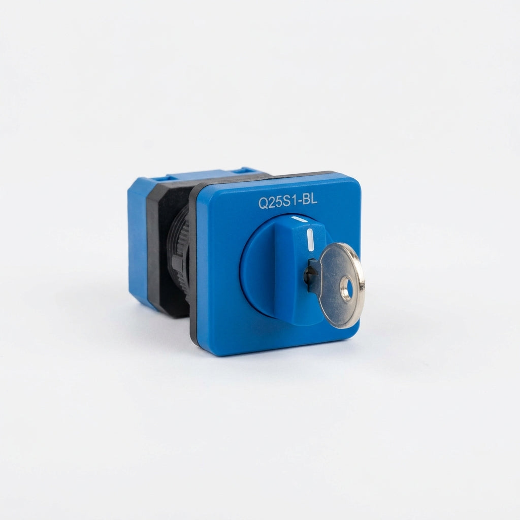 Q25S1-BL Selector cuadrado 25X25mm con Llave 2pos 16mm Momentáneo -0- Azul