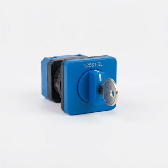 Q25S1-BL Selector cuadrado 25X25mm con Llave 2pos 16mm Momentáneo -0- Azul