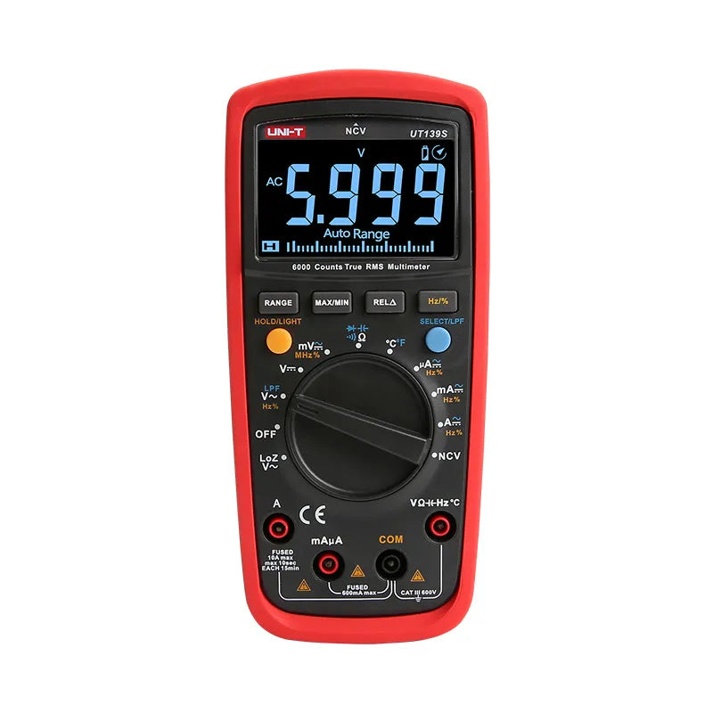 Multímetro True RMS auto rango 600Vrms 10A LCD  VFC CAT III 6V