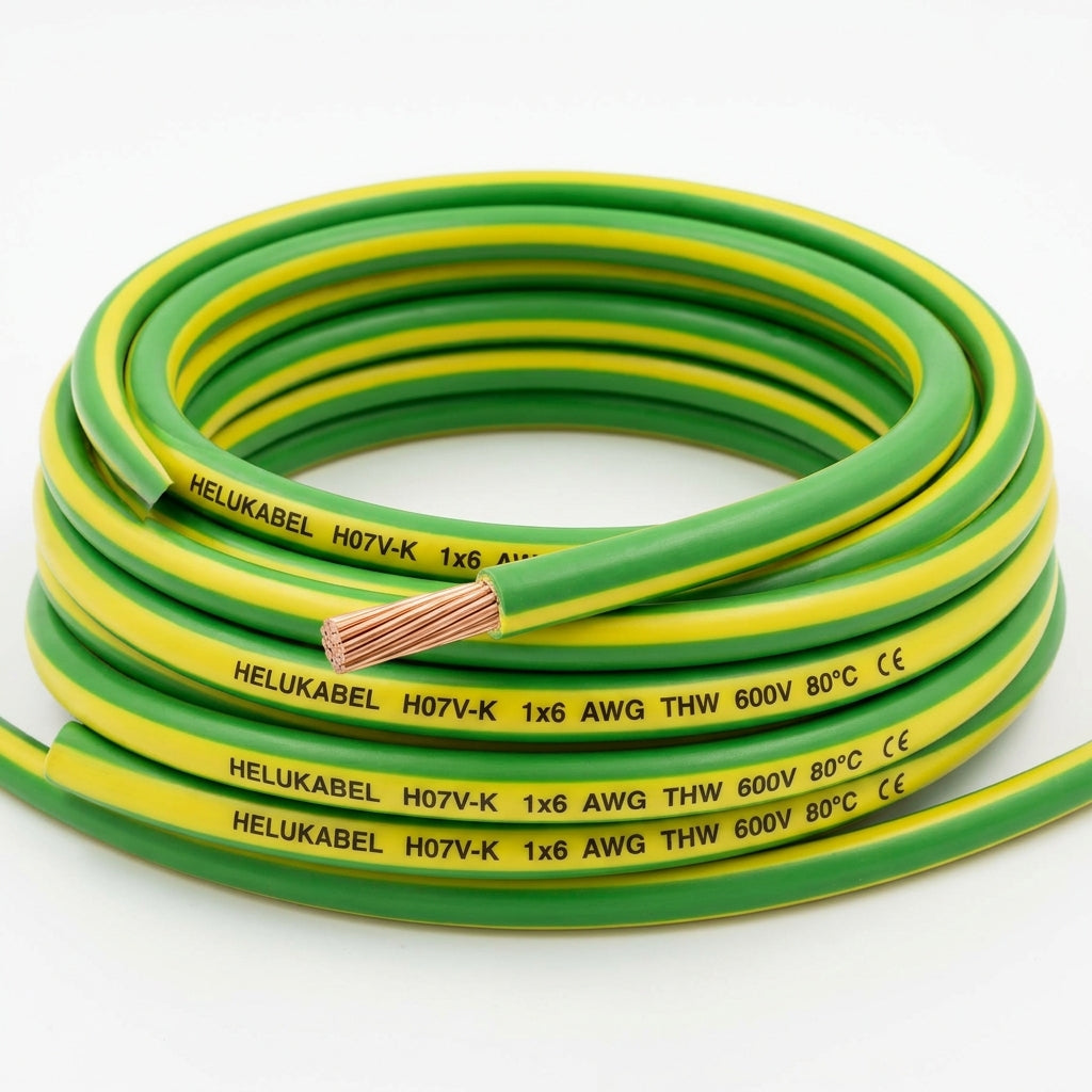 Cable de cobre tipo THW H07V HELUKABEL 1×6 AWG PVC – verde/amarillo 80°C 600v
