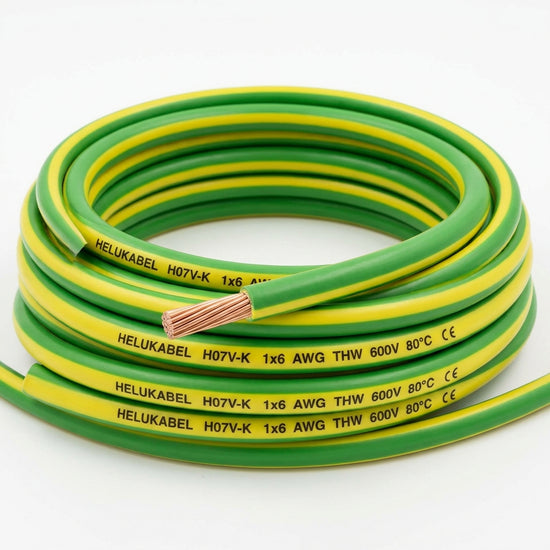 Cable de cobre tipo THW H07V HELUKABEL 1×6 AWG PVC – verde/amarillo 80°C 600v