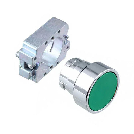 Operador botón pulsador frontal rasante 22.5mm verde momentáneo metálico IP65