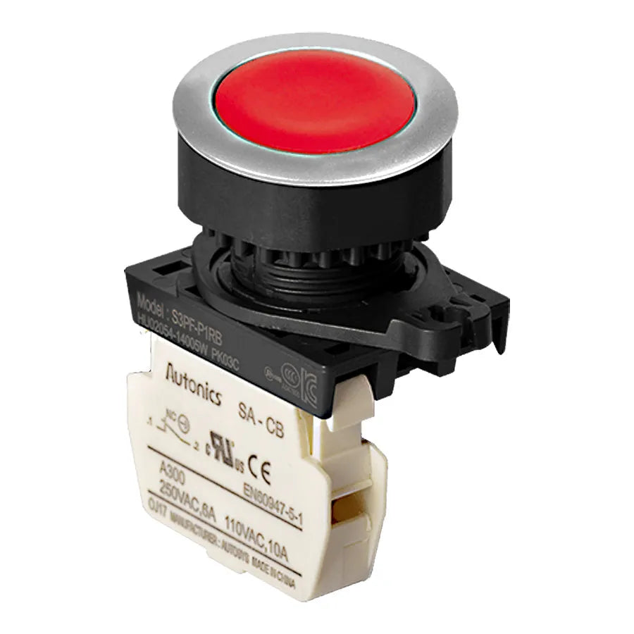 S3PF-P1RBM Botón pulsador redondo rasante 30mm momentáneo rojo 1NC