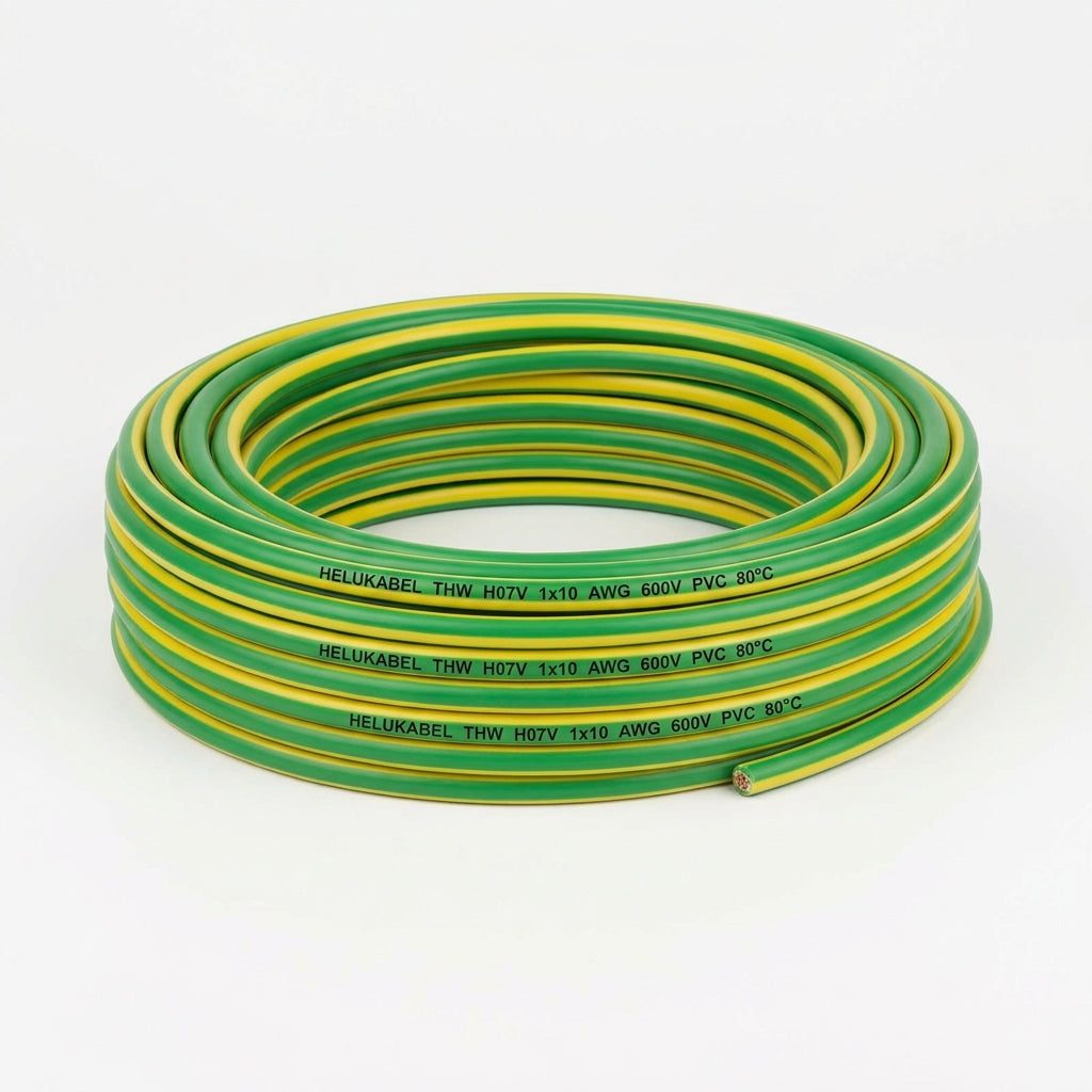 Cable de cobre tipo THW H07V HELUKABEL 1×10 AWG PVC – verde/amarillo 80°C 600v