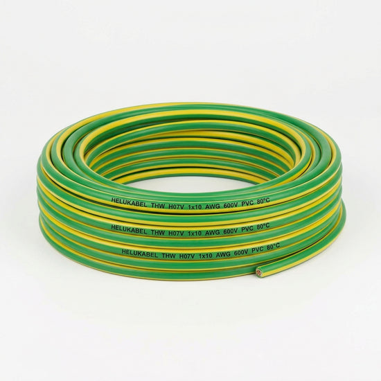 Cable de cobre tipo THW H07V HELUKABEL 1×10 AWG PVC – verde/amarillo 80°C 600v