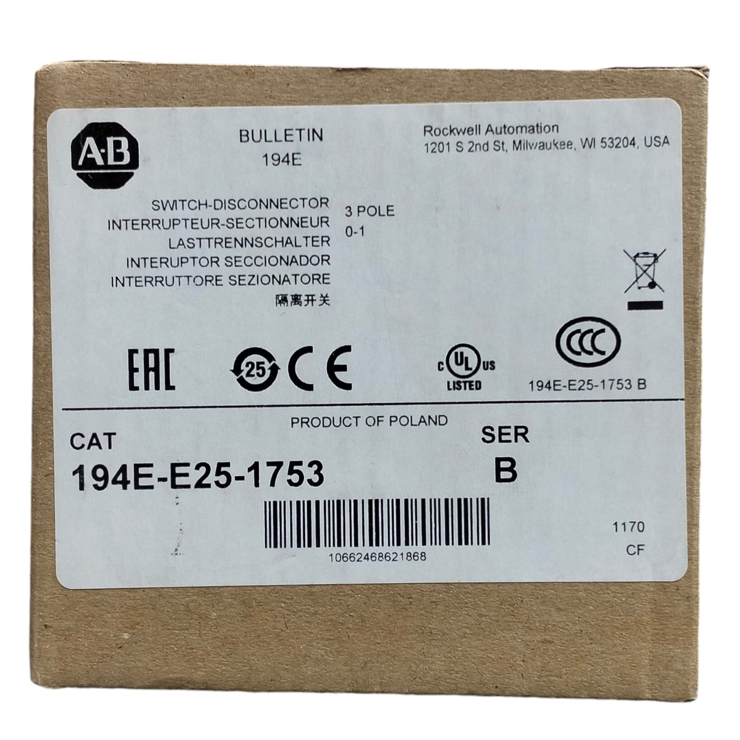 Allen Bradley 194e-e25-1753 Interruptor