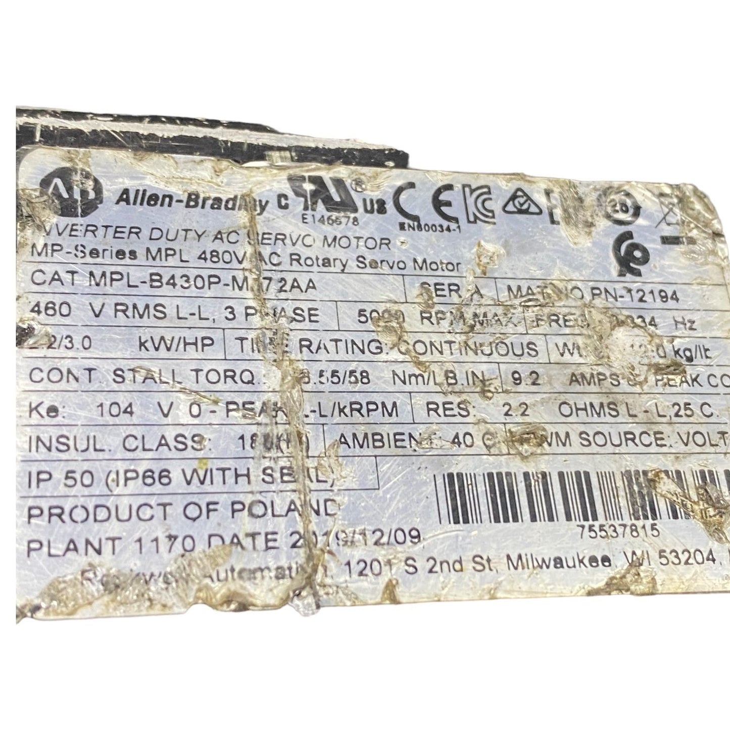Allen Bradley Mpl-b430p-mj72aa Servo Motor