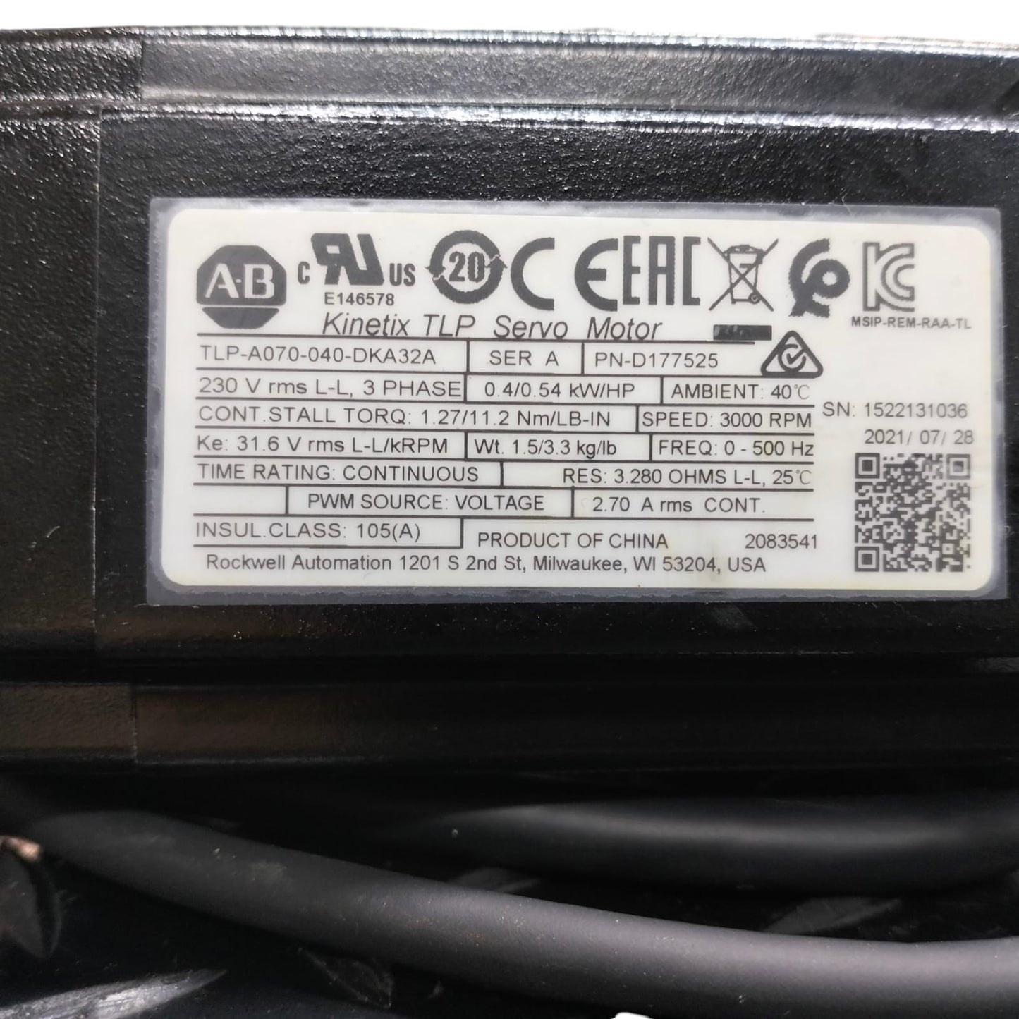 Allen Bradley Tlp-a070-040-dka32a Servomotor