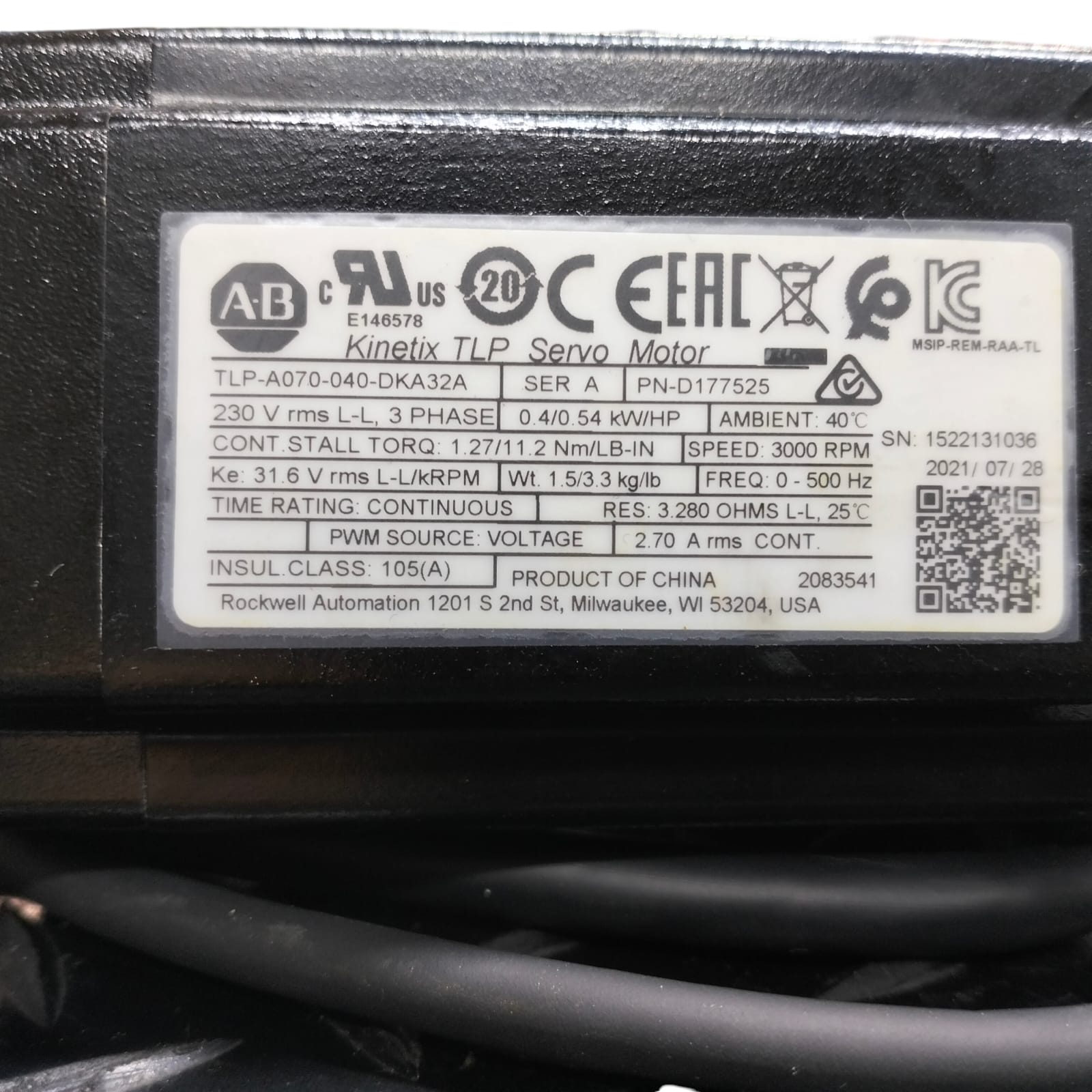 Allen Bradley Tlp-a070-040-dka32a Servomotor