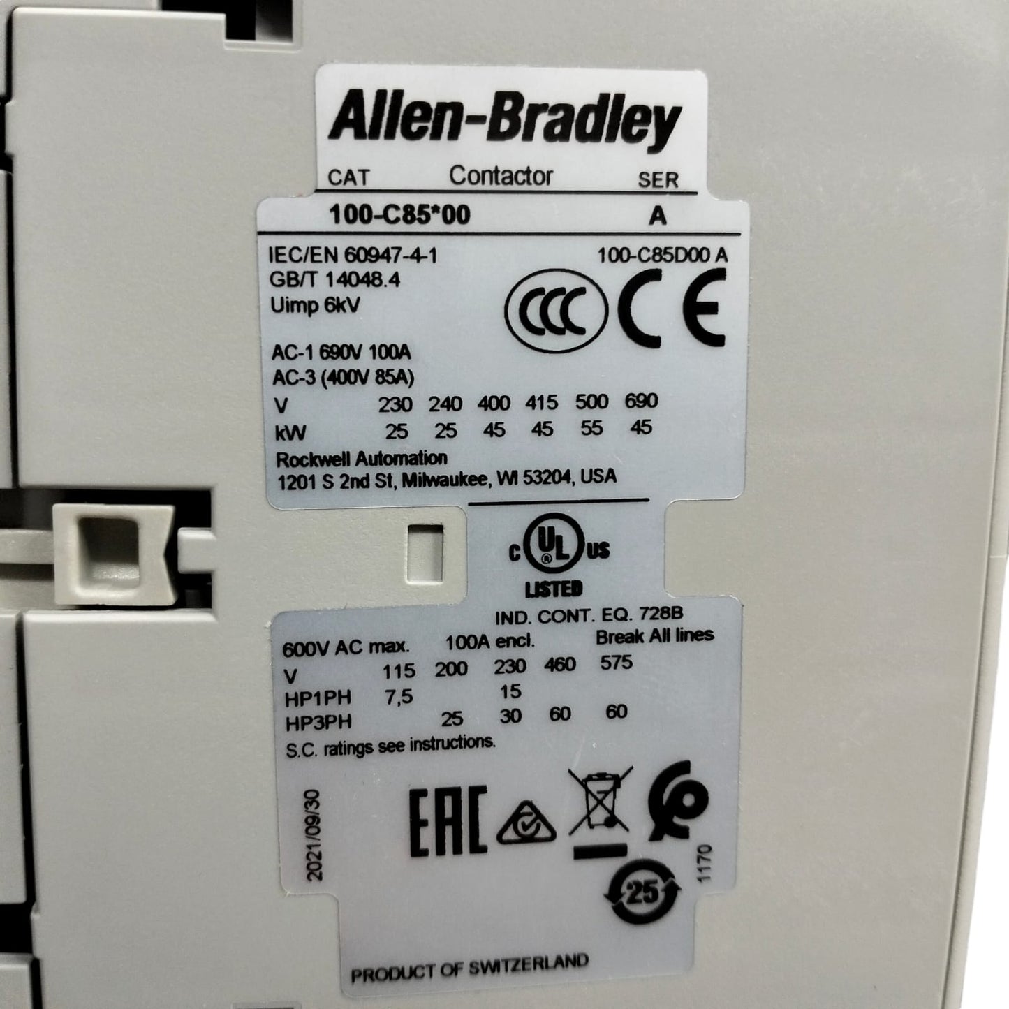 Allen Bradley 100-C85D00 AC Contactor
