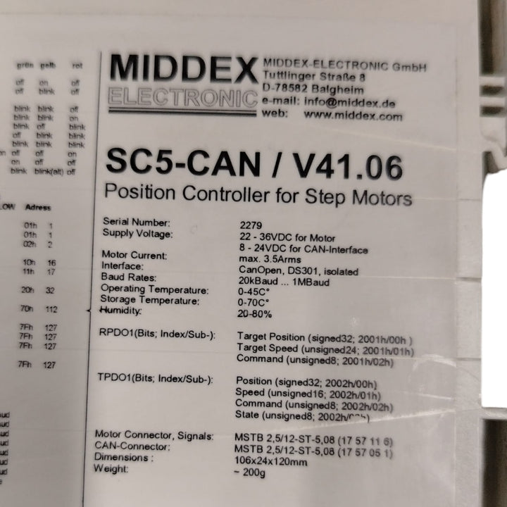 MIDDEX ELECTRONIC	SC5-CAN/V41.06 CONTROLADOR DE POSICIÓN