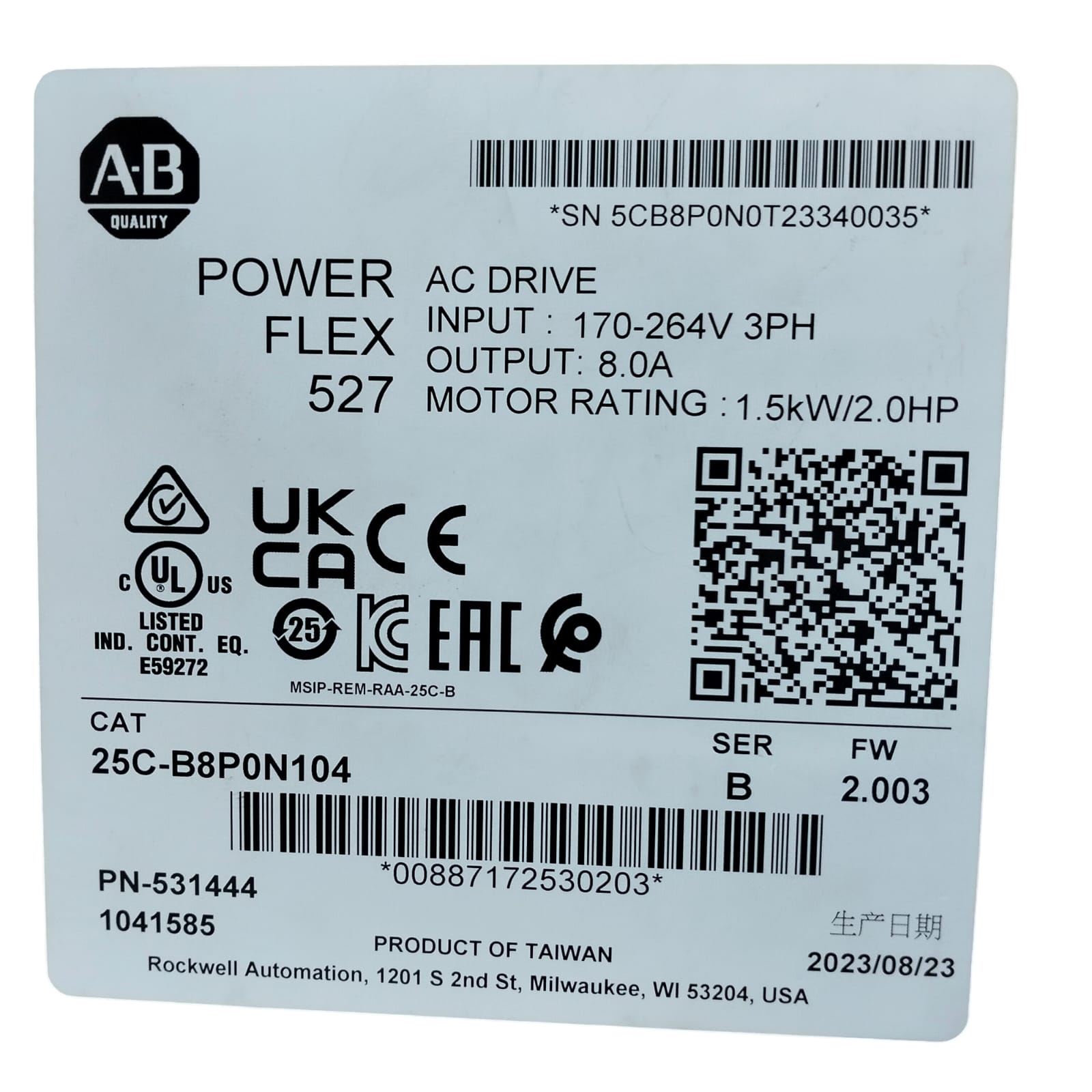 ALLEN BRADLEY 25C-B8P0N104 Power Flex 527 Variador de frecuencia