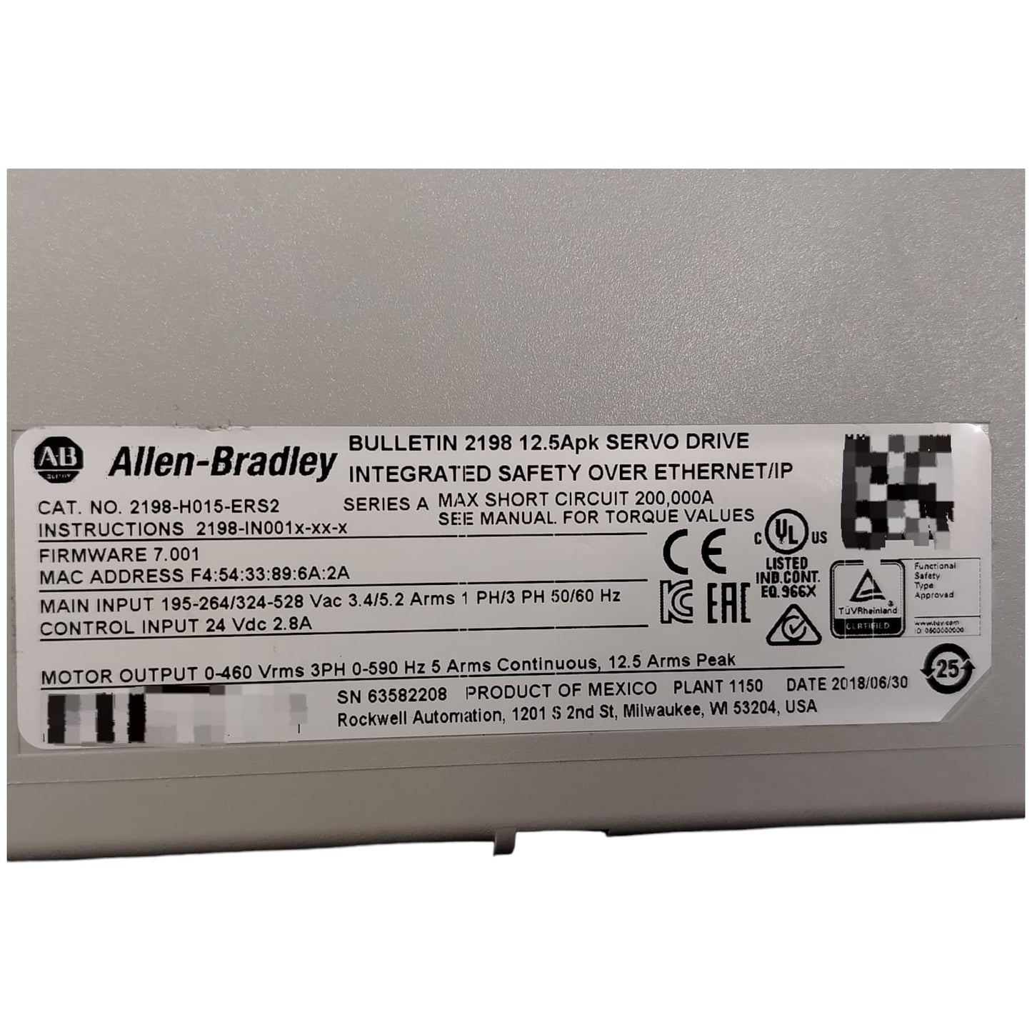 ALLEN BRADLEY 2198-H015-ERS2 KINETIX 5500S2 SERVODRIVE