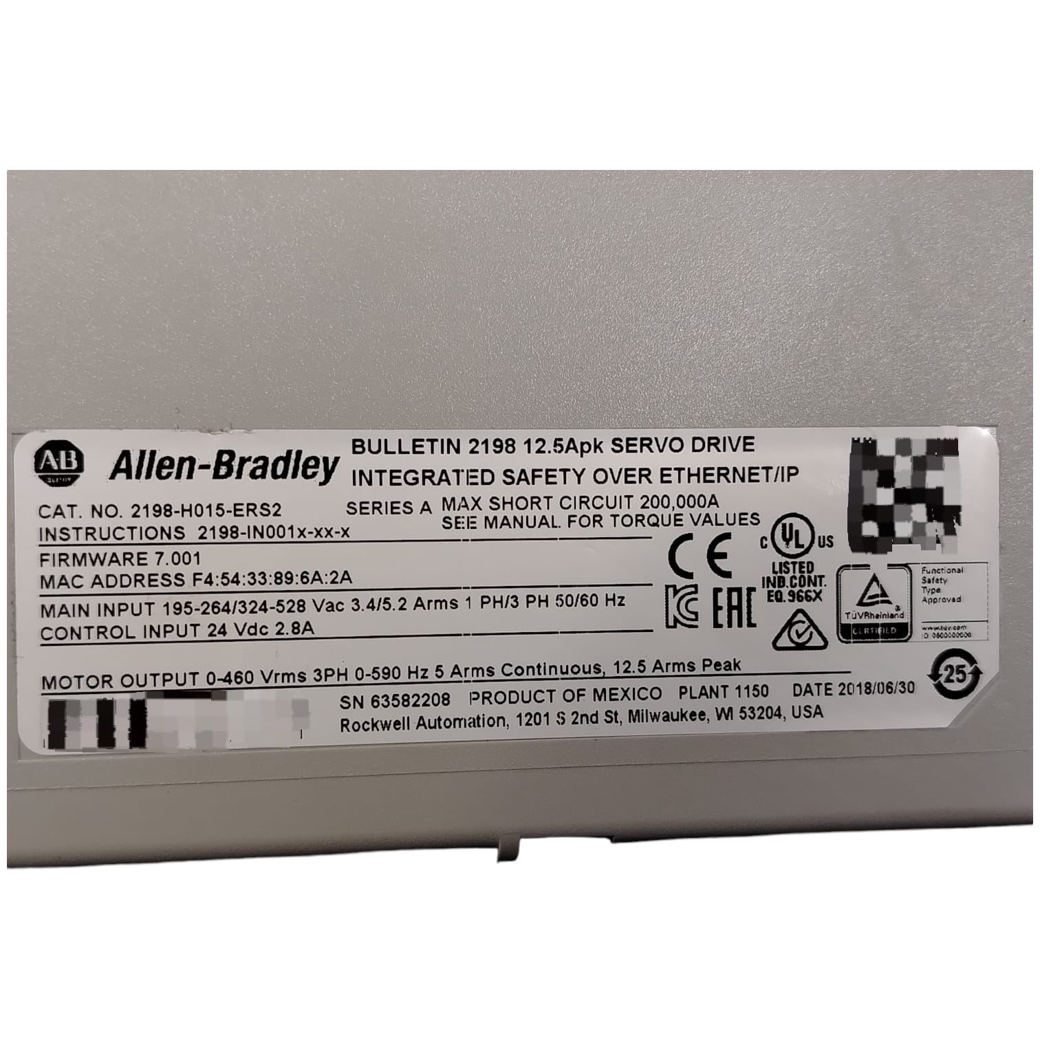 ALLEN BRADLEY 2198-H015-ERS2 KINETIX 5500S2 SERVODRIVE