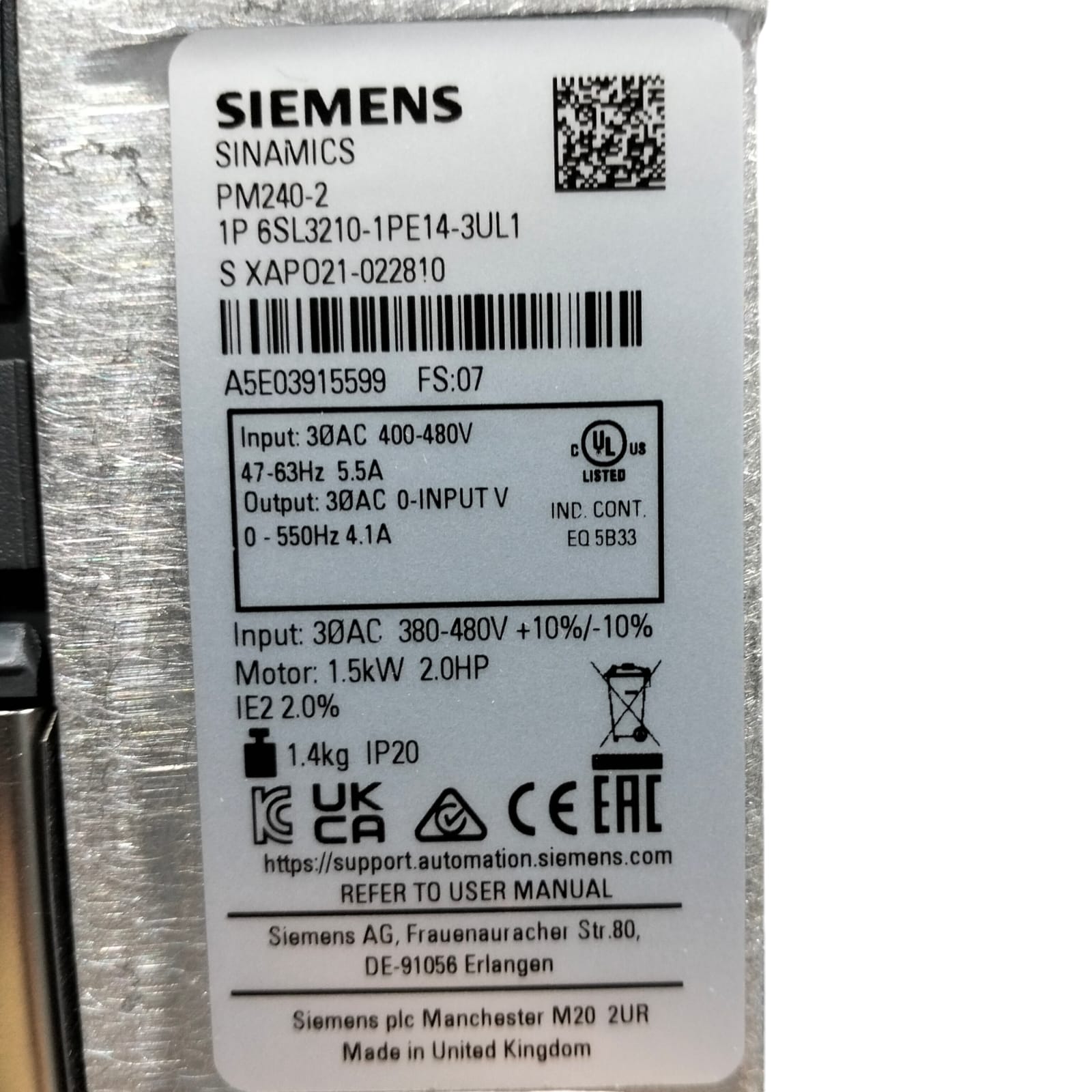 Siemens  6sl3210-1pe14-3ul1 SINAMICS PM240-2