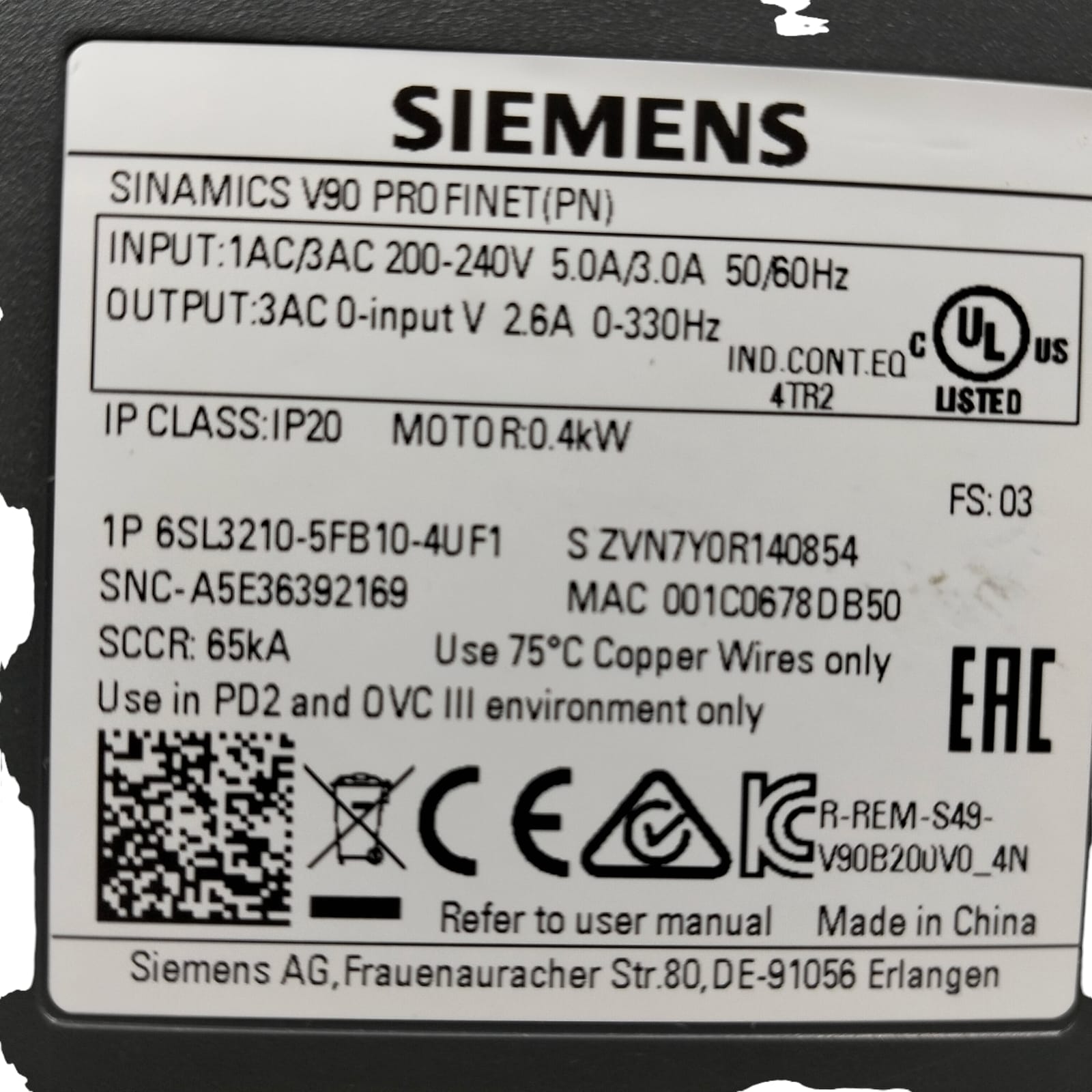 Siemens 6sl3210-5fb10-4uf1 SINAMICS V90
