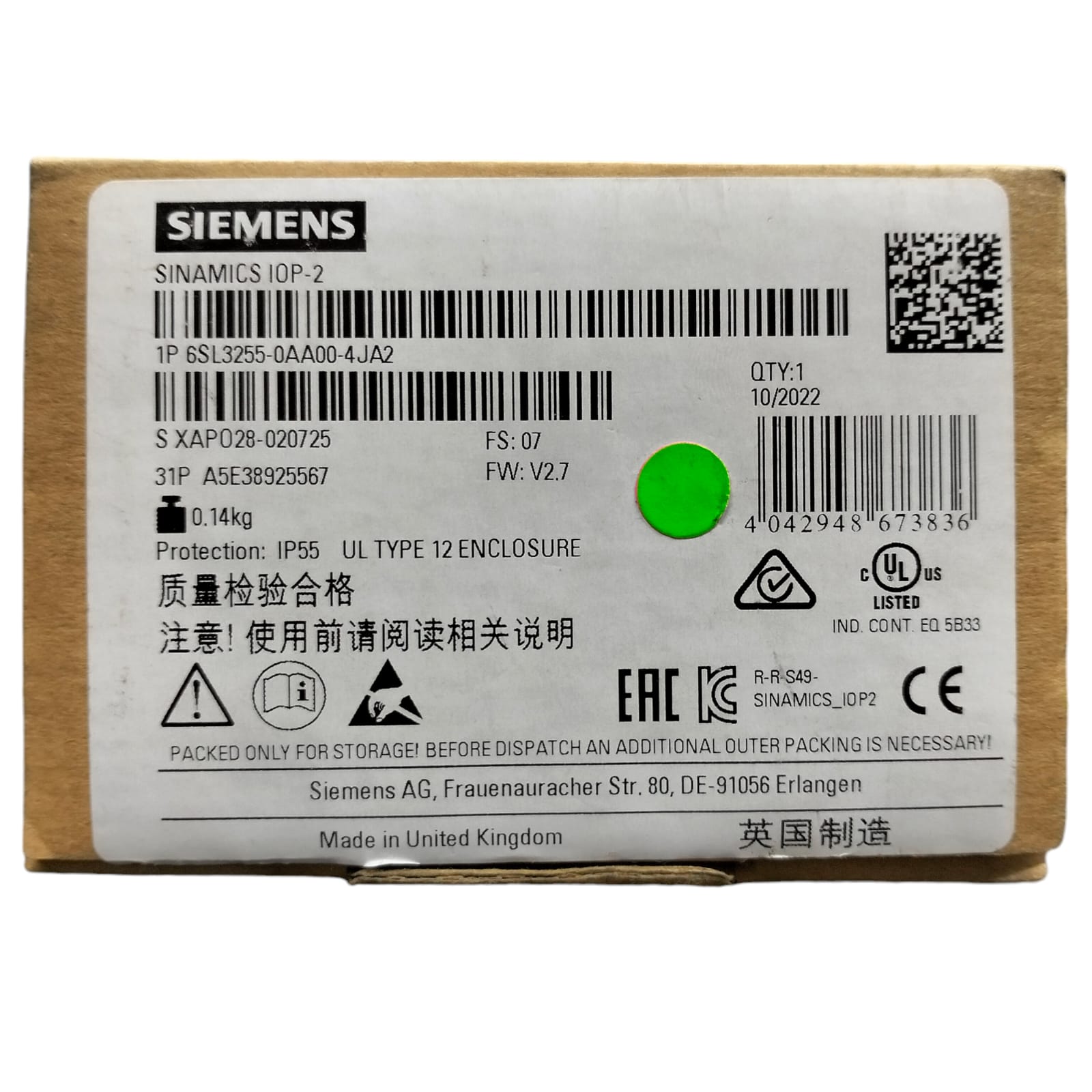 Siemens 6sl3255-0aa00-4ja2 SINAMICS I0P-2 Panel de operador