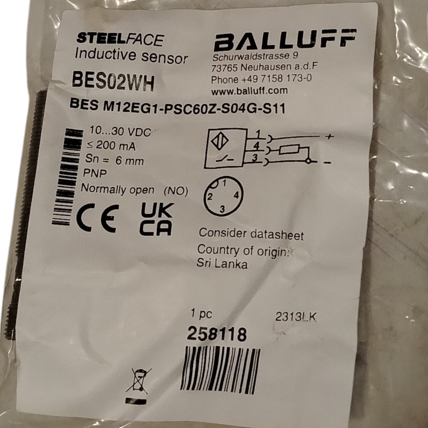 BALLUFF BES02WH BES M12EG1-PSC60Z-S04G-S11 Sensor inductivo