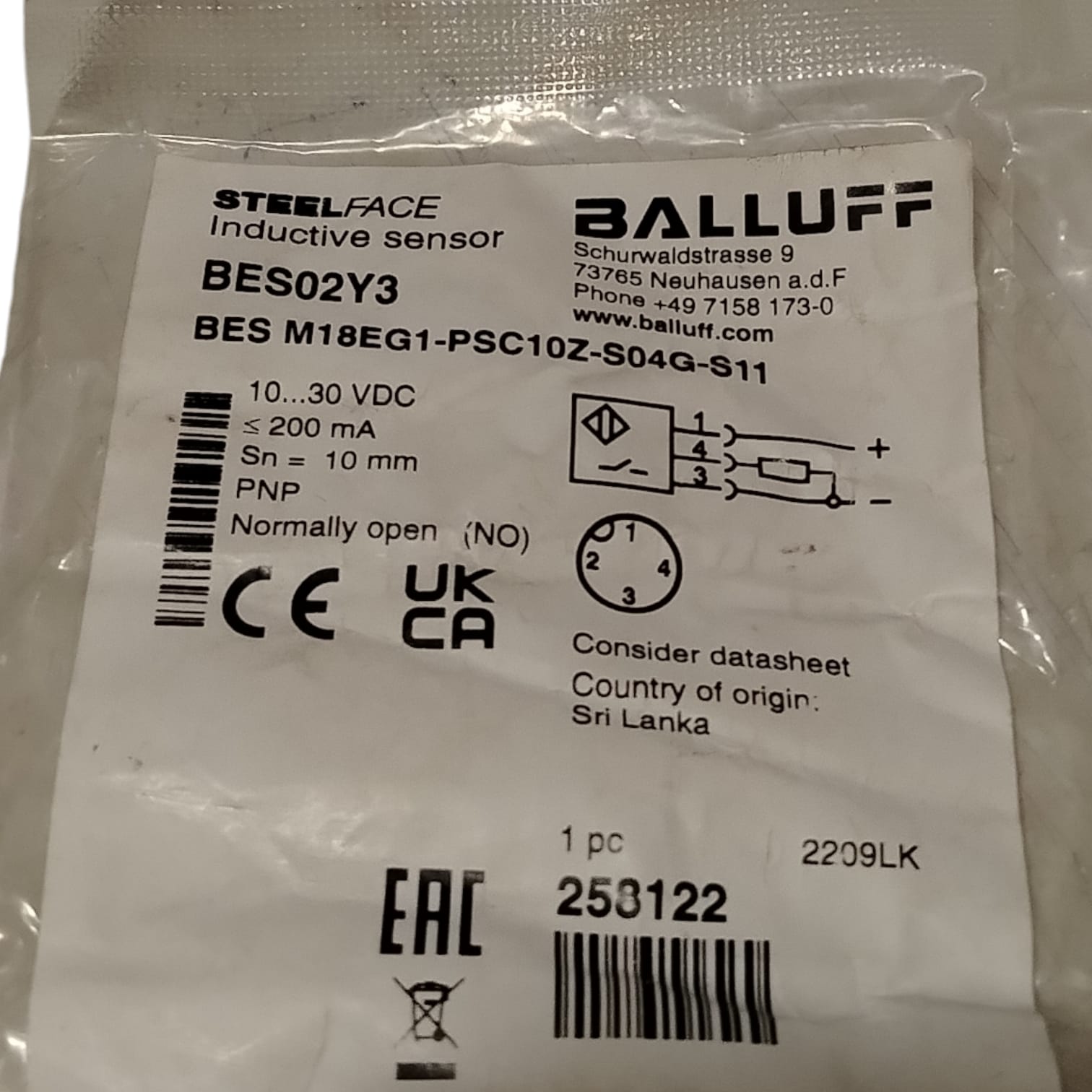 BALLUFF BES02Y3 BES M18EG1-PSC10Z-S04G-S11 Sensor inductivo