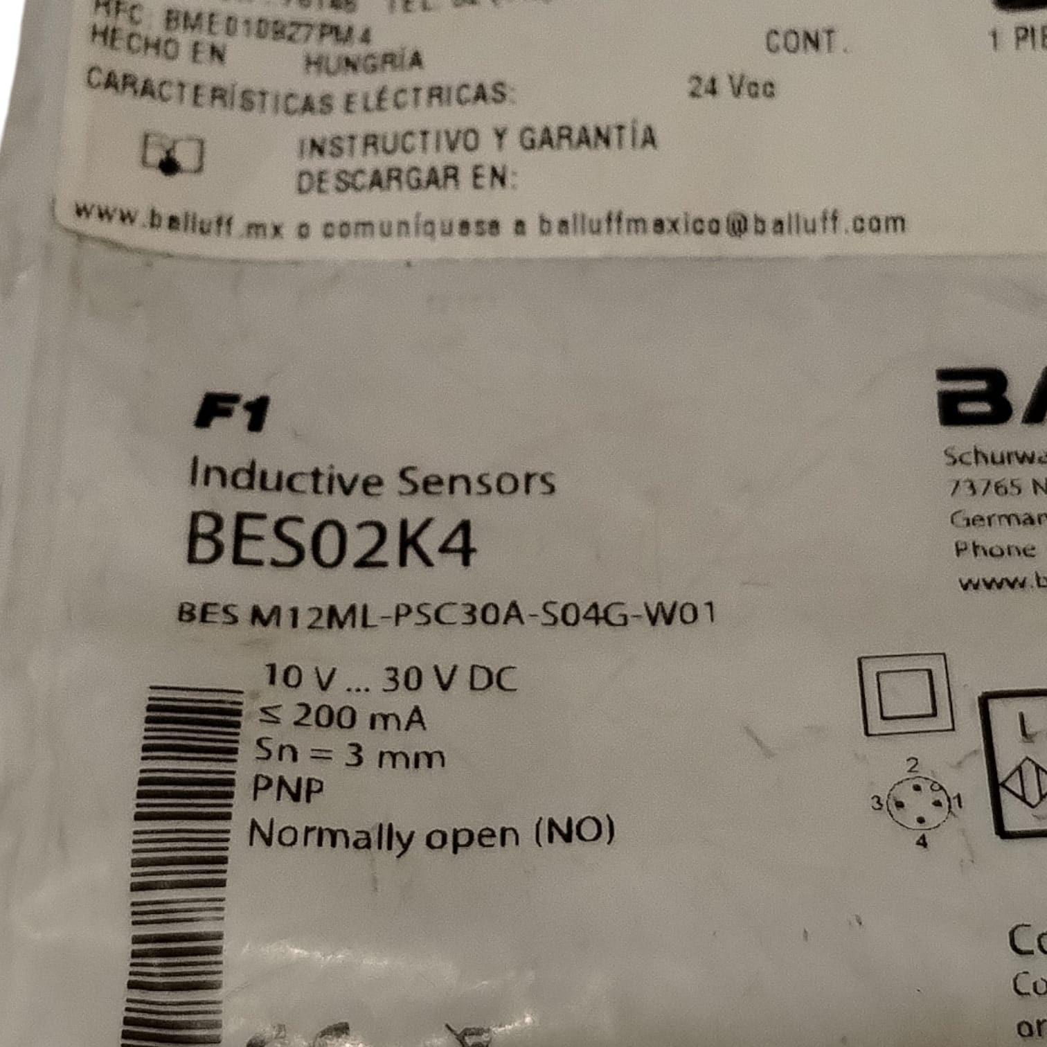 BALLUFF BES02K4 BES M12ML-PSC30A-S04G-W01 Sensor inductivo