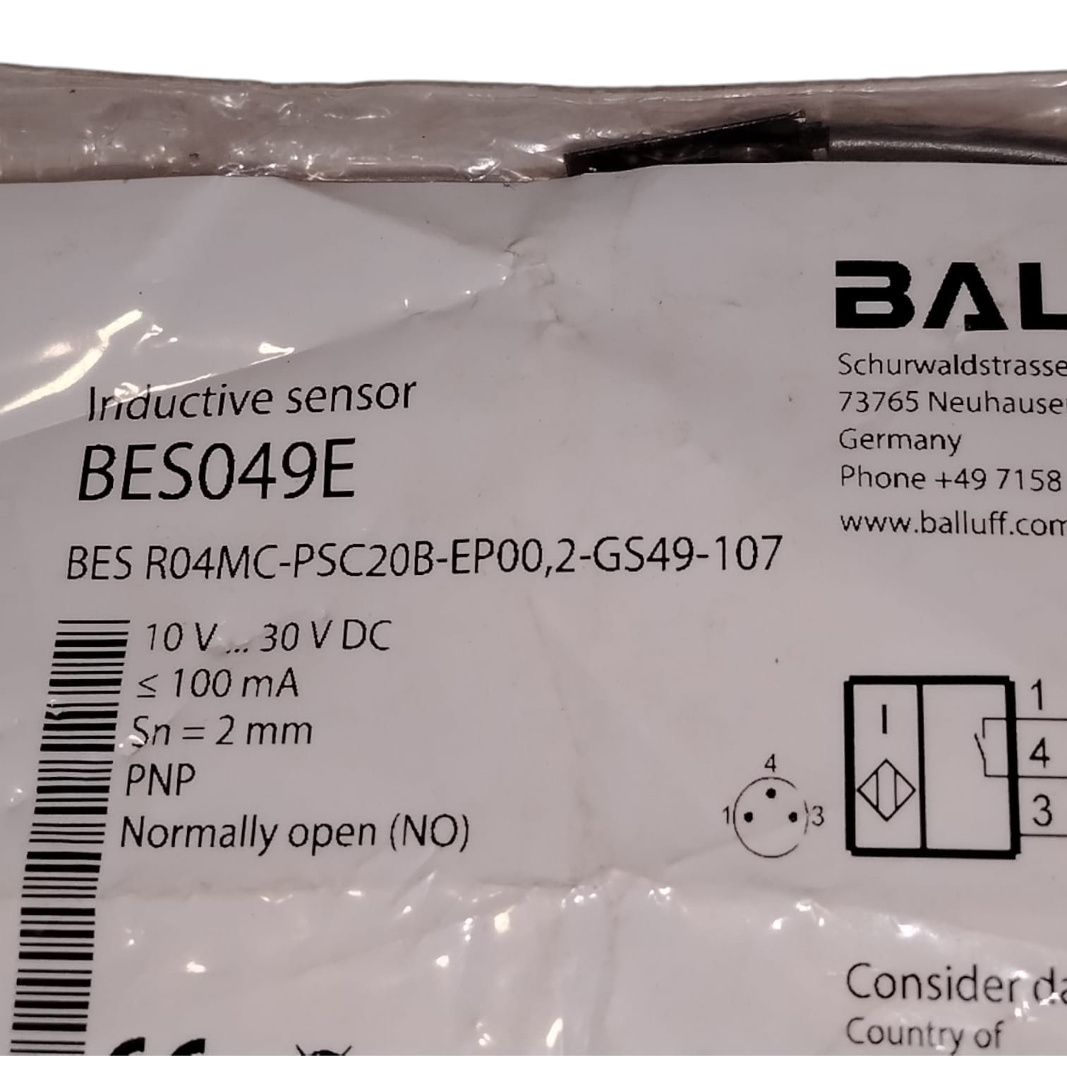BALLUFF BES049E BES R04MC-PSC20B-EP00,2-GS49-107 Sensor inductivo