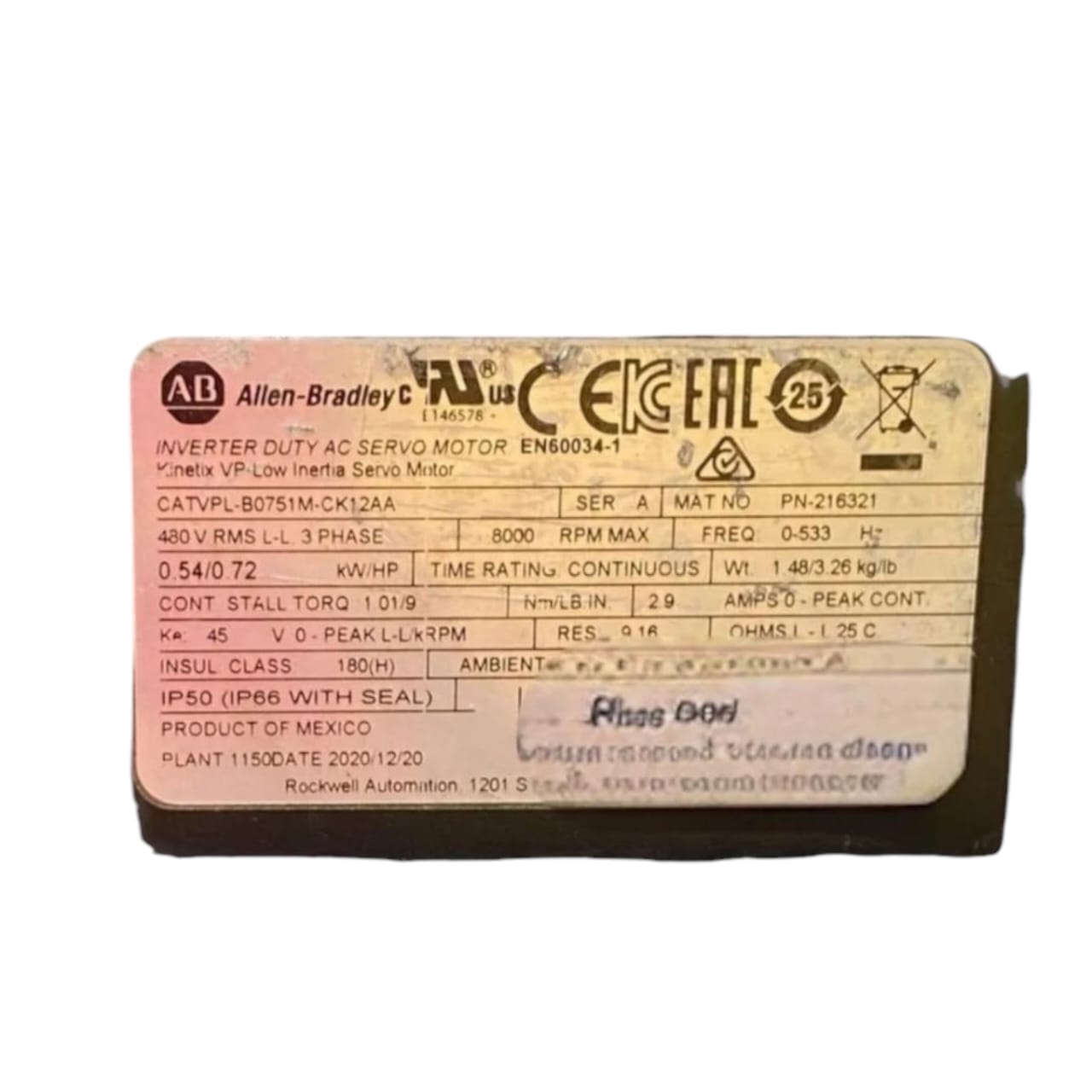 Allen Bradley Vpl B0751m Ck12aa Ser A SERVOMOTOR