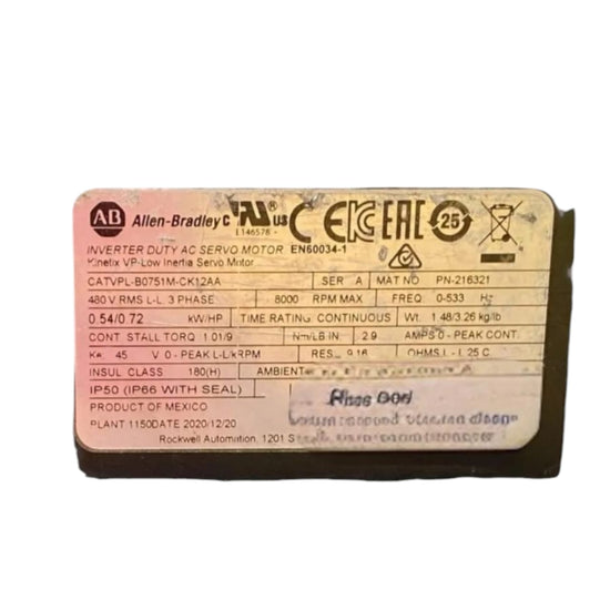 Allen Bradley Vpl B0751m Ck12aa Ser A SERVOMOTOR