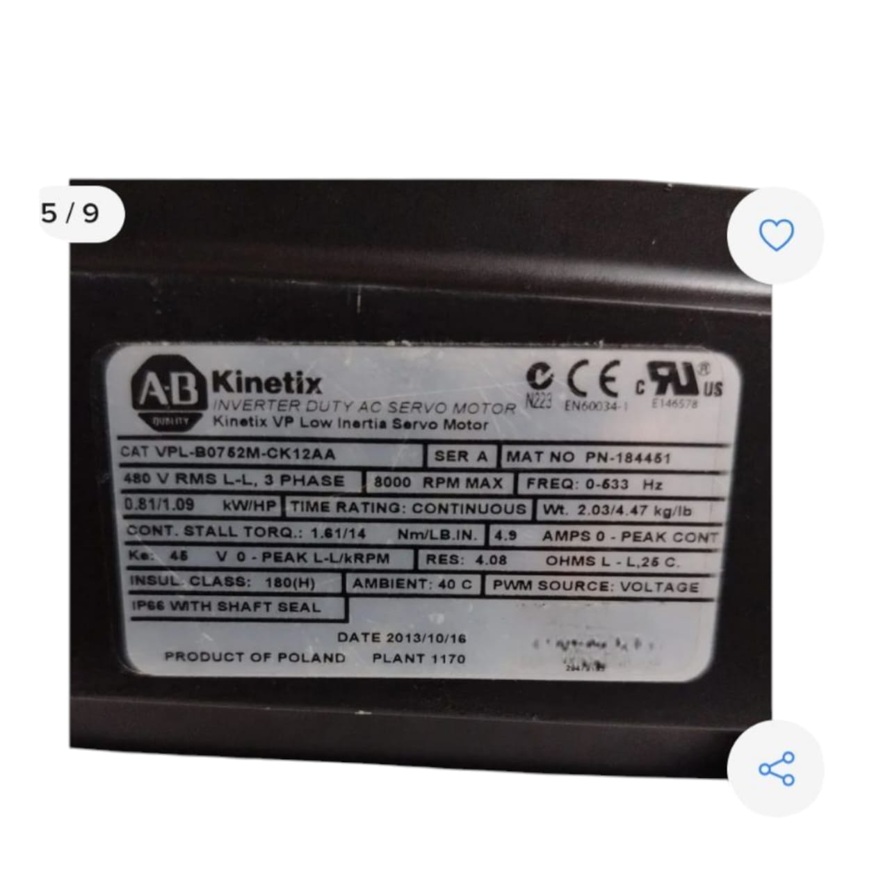 Allen Bradley Vpl-b0752m-ck12aa Ser A SERVOMOTOR