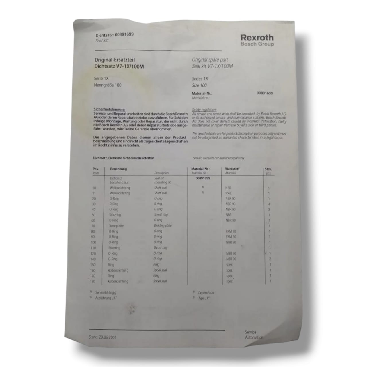 REXROTH R900891699  KIT DE SELLOS