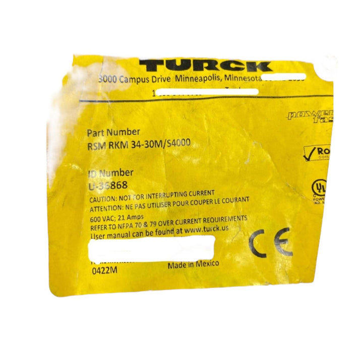 Turck Rsm Rkm 34-30m/s4000  cordón de extensión industrial