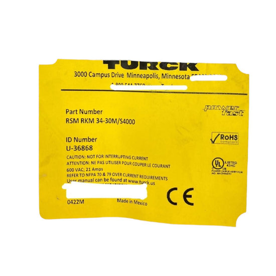 Turck Rsm Rkm 34-30m/s4000 cable de extensión industrial