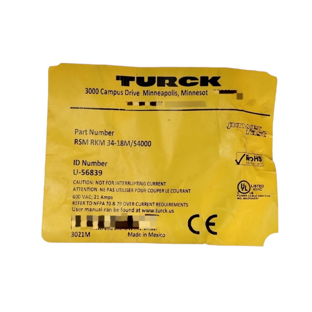 Turck Rsm Rkm 34-18m/s4000 cable de extensión industrial