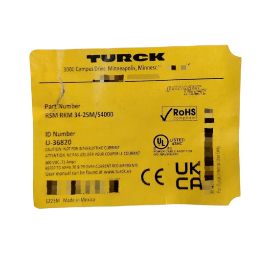 Turck Rsm Rkm 34-25m/s4000 cordón de extensión industrial