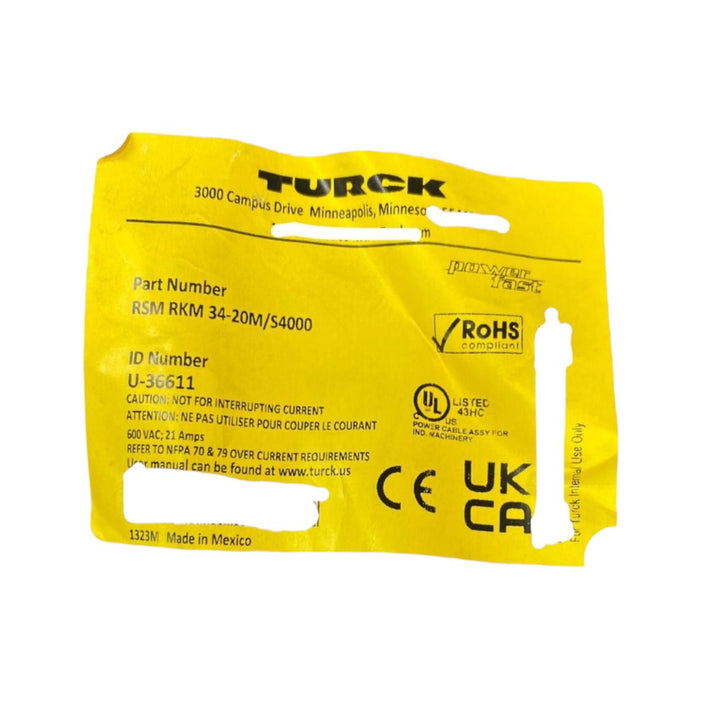 Turck Rsm Rkm 34-20m/s4000 cordón de extensión industrial