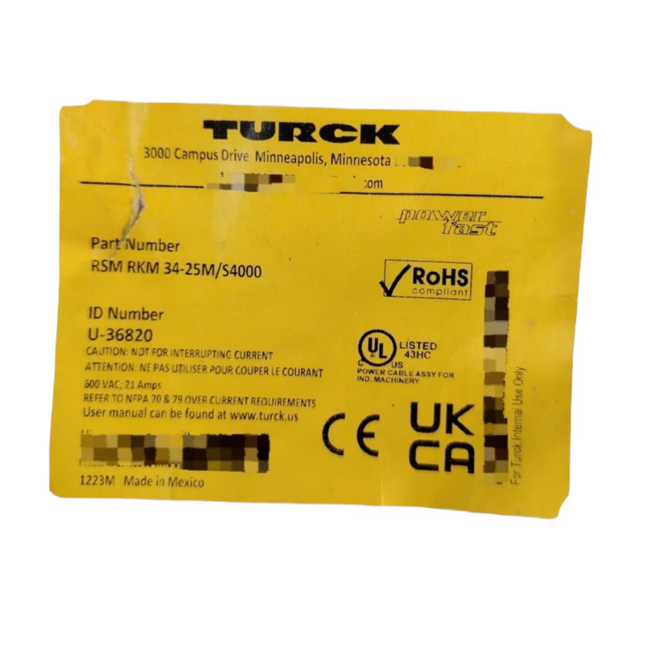 Turck Rsm Rkm 34-45m/s4000 cordón de extensión industrial