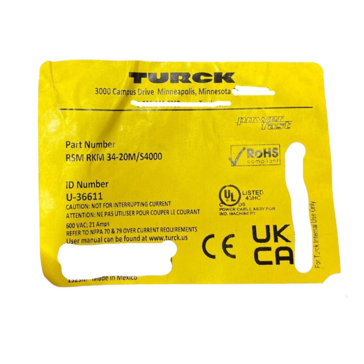Turck Rsm Rkm 34-20m/s4000 cordón de extensión industrial