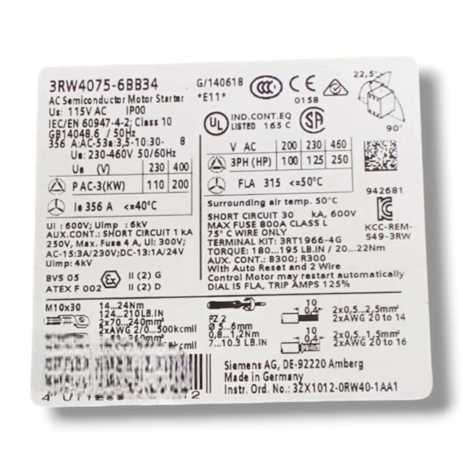 SIEMENS 3RW4075-6BB34 ARRANCADOR SUAVE DE LA SERIE SIRUS