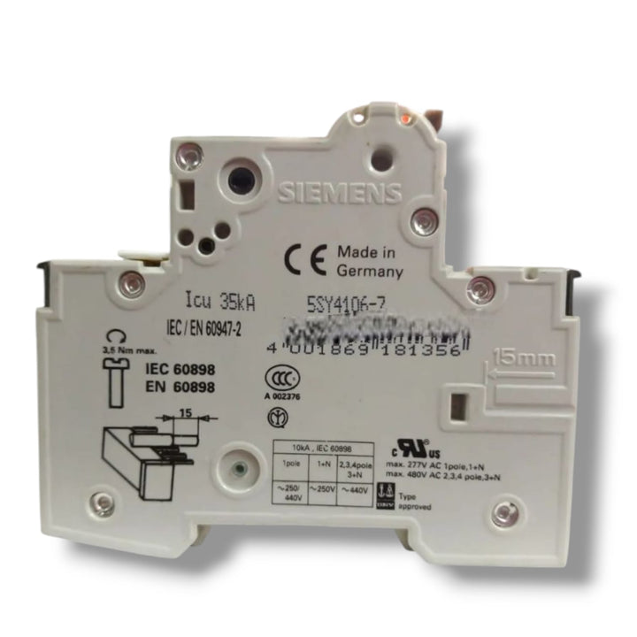 SIEMENS 5SY4106-7 MCB C6 con 5ST3010 INTERRUPTOR AUTOMATICO